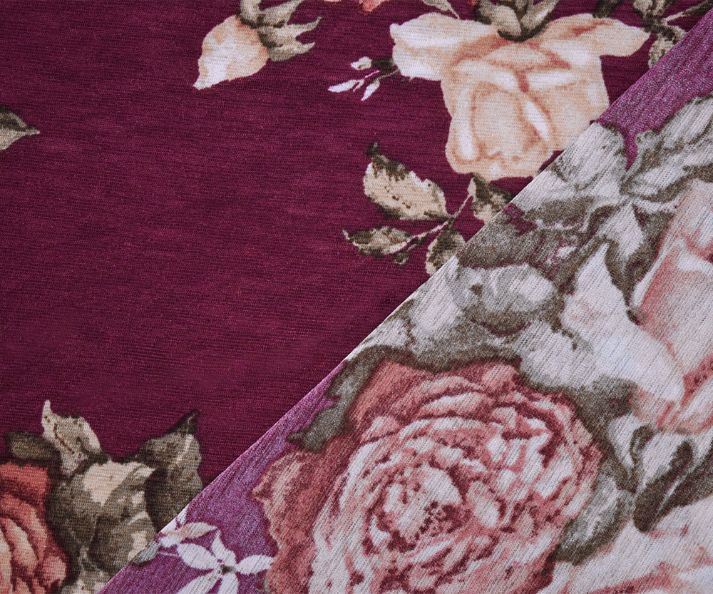 1 Yard Deep Burgundy Multi Poly Floral Onion Skin Jersey Knit Fabric Lightweight Slight Stretch 61 Inches Width