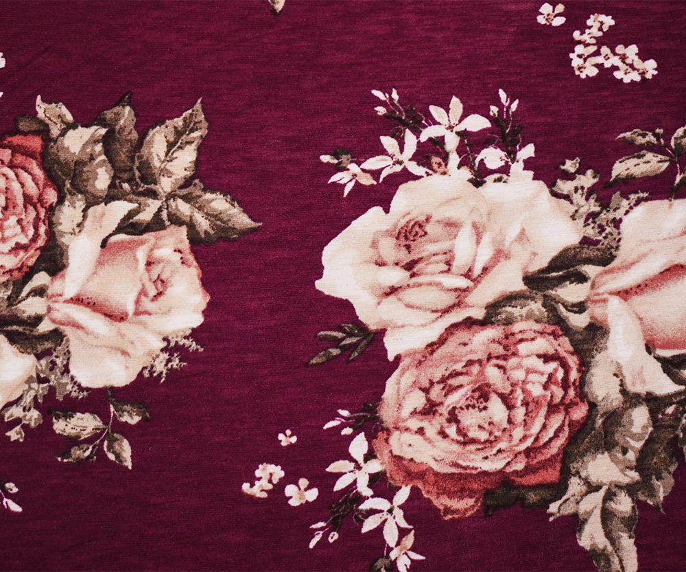 1 Yard Deep Burgundy Multi Poly Floral Onion Skin Jersey Knit Fabric Lightweight Slight Stretch 61 Inches Width