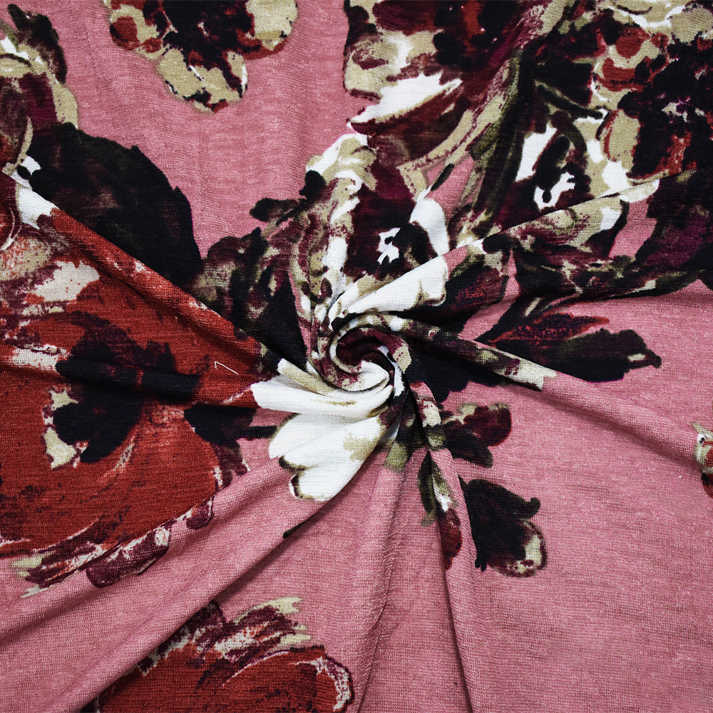 1 Yard Pink Red Multi Poly Floral Onion Skin Jersey Knit Fabric Lightweight 60 Inches Width