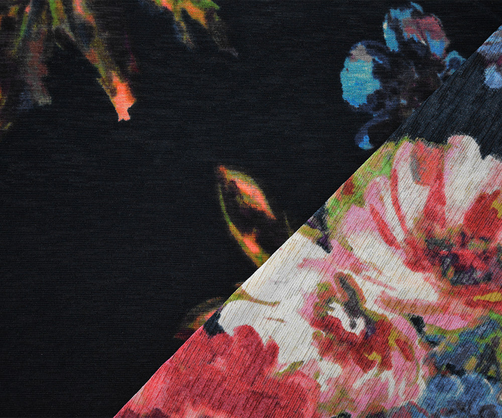 1 Yard Black Multi Polyester Floral Print Stretch Spandex Onion Skin Jersey Knit Fabric 59 Inches Wide