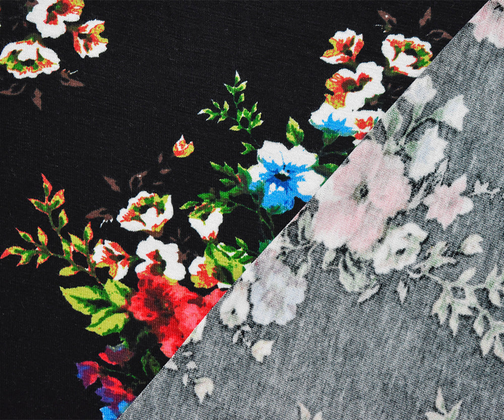 1 Yard Black Red Multi Cotton Floral Printed Stretch Spandex Jersey Knit Fabric 63 Inches Width