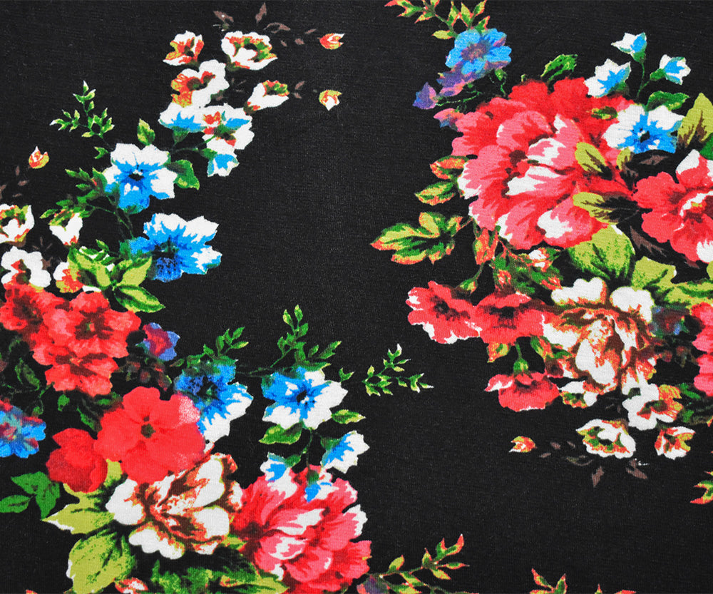 1 Yard Black Red Multi Cotton Floral Printed Stretch Spandex Jersey Knit Fabric 63 Inches Width