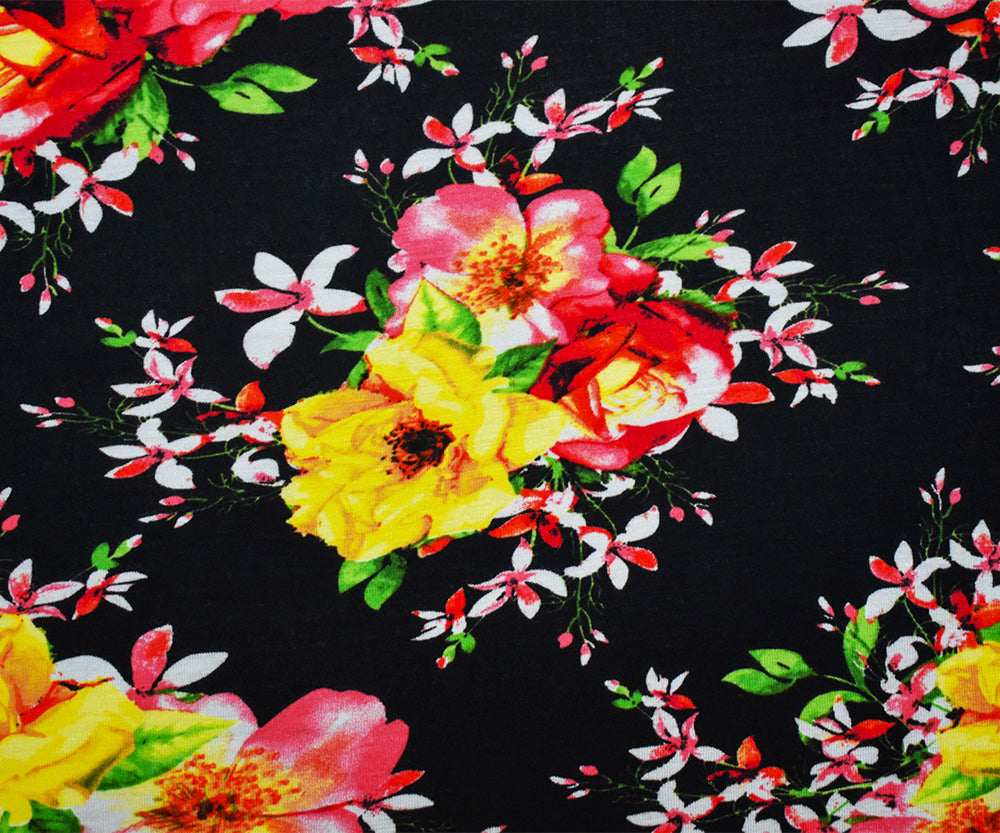 1 Yard Black Orange Multi Cotton Spandex Floral Jersey Knit Fabric Stretch 65 Inches Width