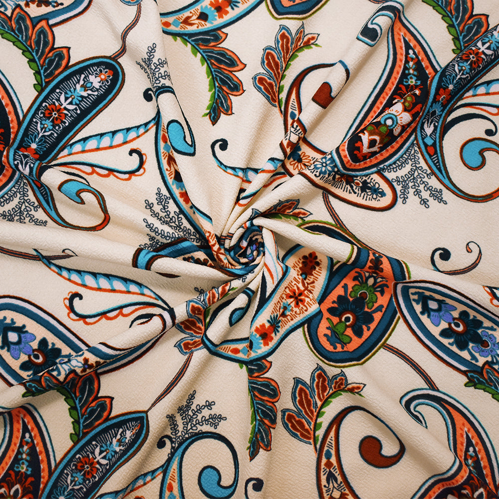 1 Yard Beige-Multi Poly Paisley Print Stretch Spandex Liverpool Double Knit Fabric Lightweight Matte 62 Inches
