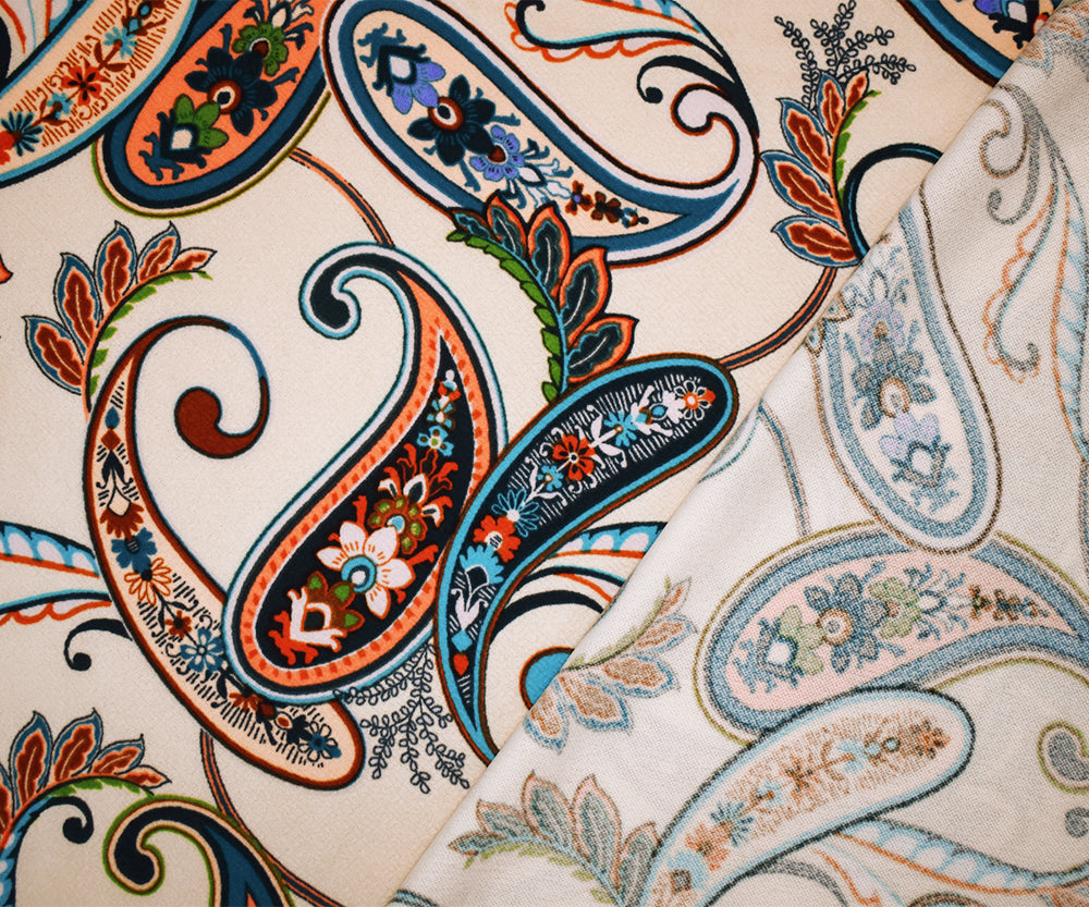 1 Yard Beige-Multi Poly Paisley Print Stretch Spandex Liverpool Double Knit Fabric Lightweight Matte 62 Inches