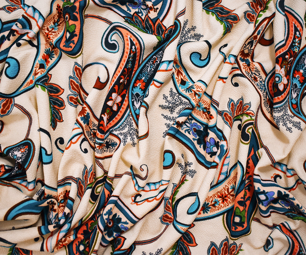 1 Yard Beige-Multi Poly Paisley Print Stretch Spandex Liverpool Double Knit Fabric Lightweight Matte 62 Inches