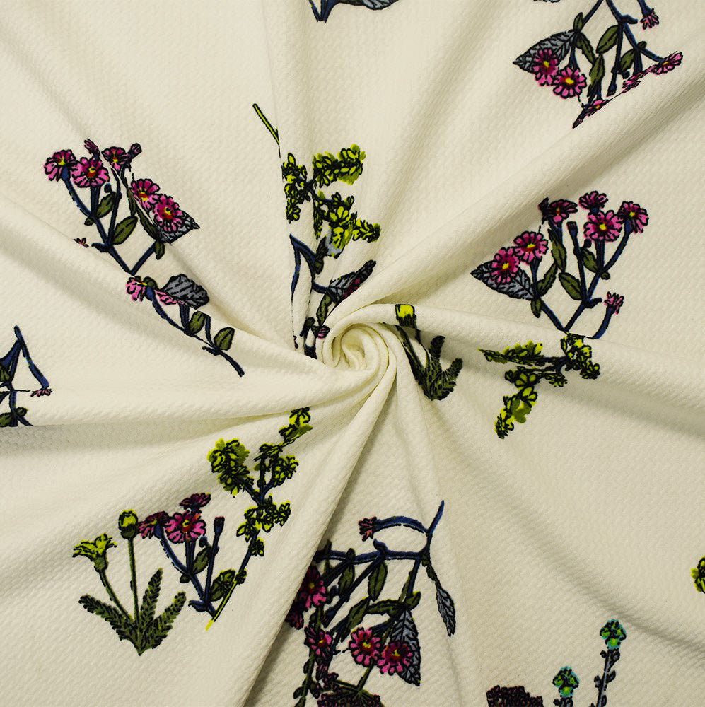 1 Yard White-Multi Floral Liverpool Stretch Spandex Double Knit Fabric Textured 60 Inches