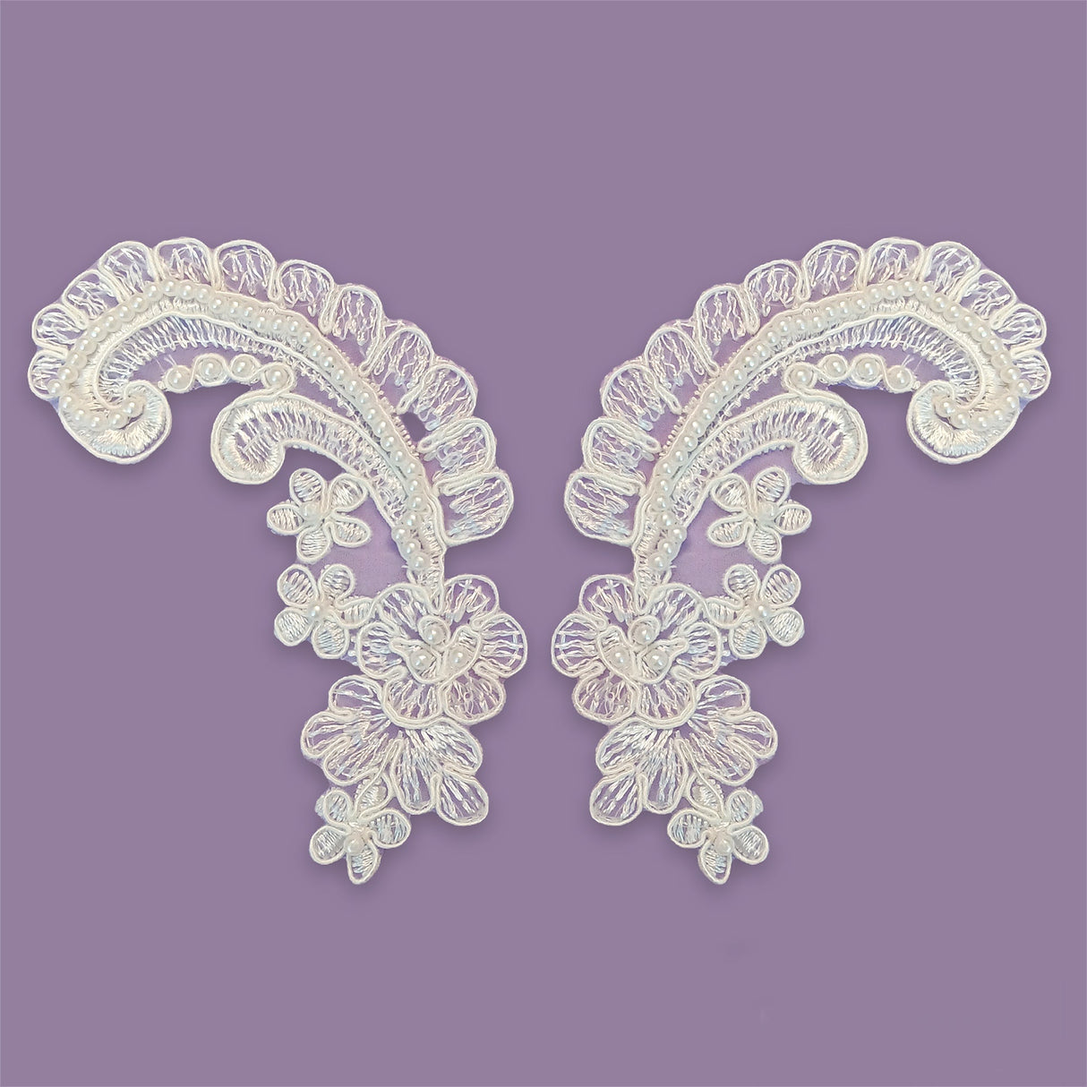 1 Pair Beaded & Corded Floral Lace Applique 2" x 5.5" Each Side