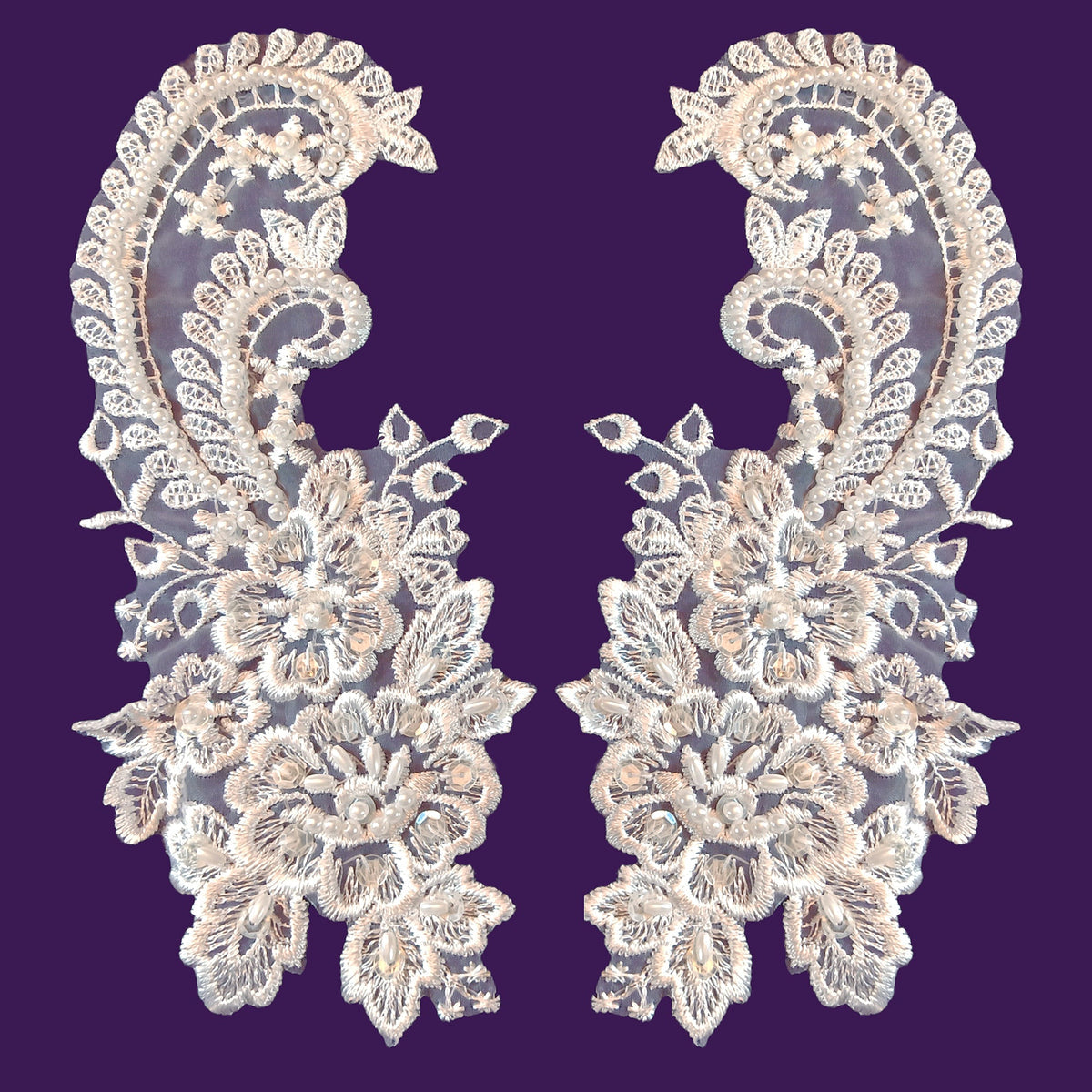 1 Yard Beaded Bridal Lace Applique Embroidered on 100% Polyester Organza 8.75" x 4" Each Side