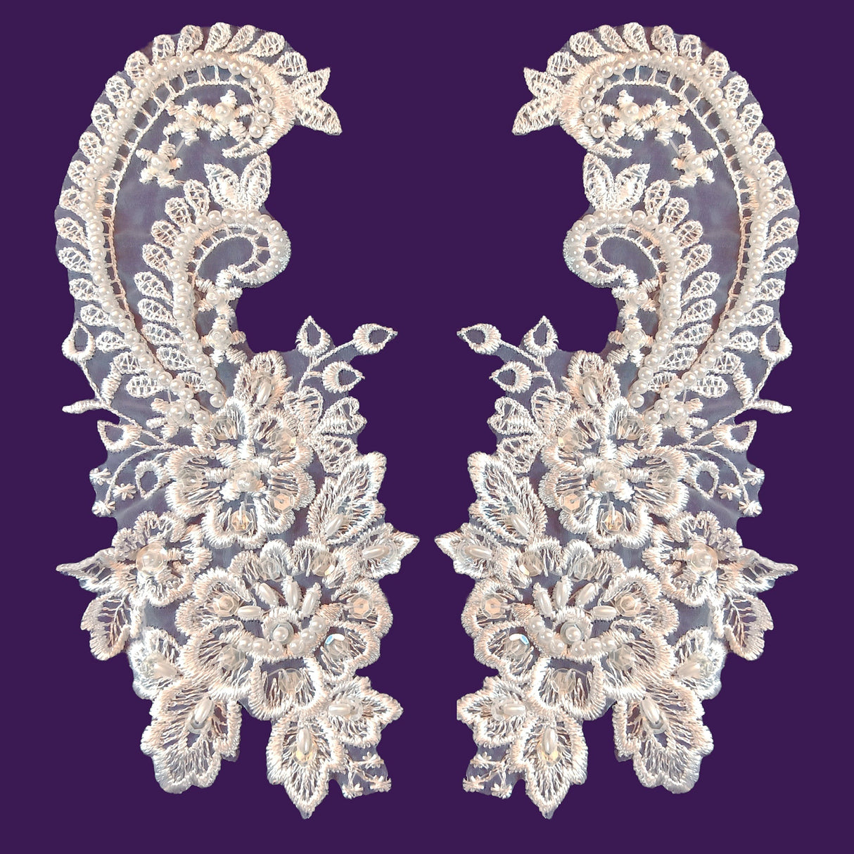 1 Pair Beaded Bridal Lace Applique Embroidered on 100% Polyester Organza 8.75" x 4" Each Side