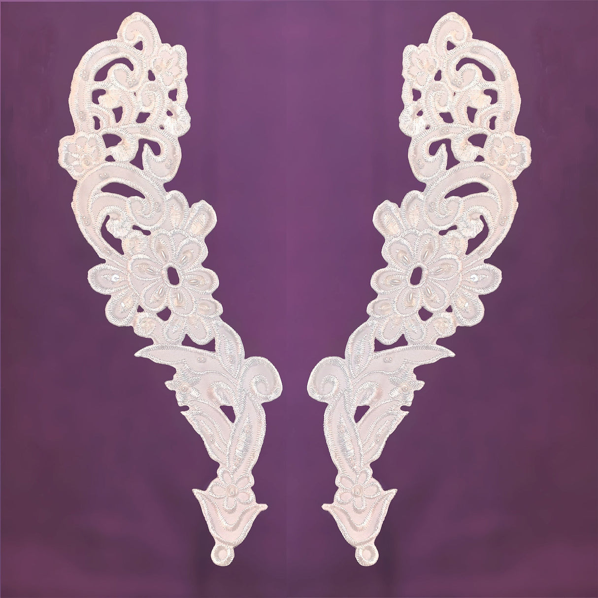 1 Pair Handmade Beaded Lace Applique on Satin for Bridal & Baptism 12.25" x 3.25" Each Side