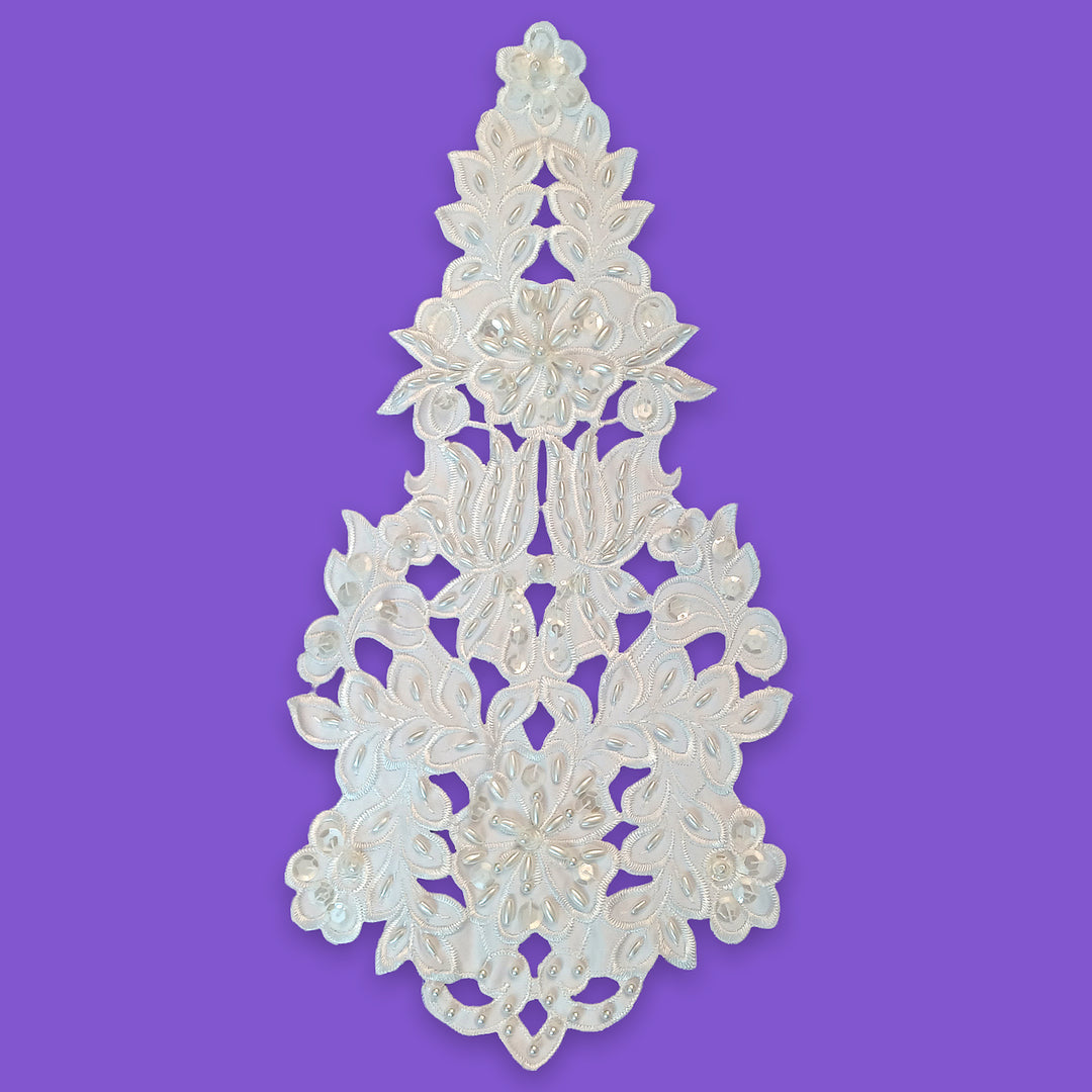 Beaded Lace Medallion Applique with Pearls & Sequins on Satin 13.75" x 6.5"