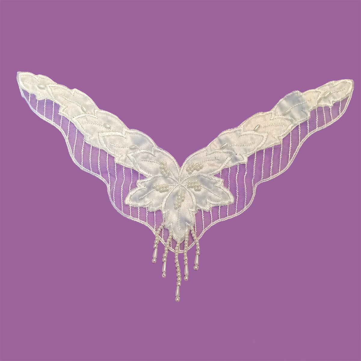 1 Yard Beaded Lace Neckline Applique Embroidered on Satin 11" x 2.75" Each