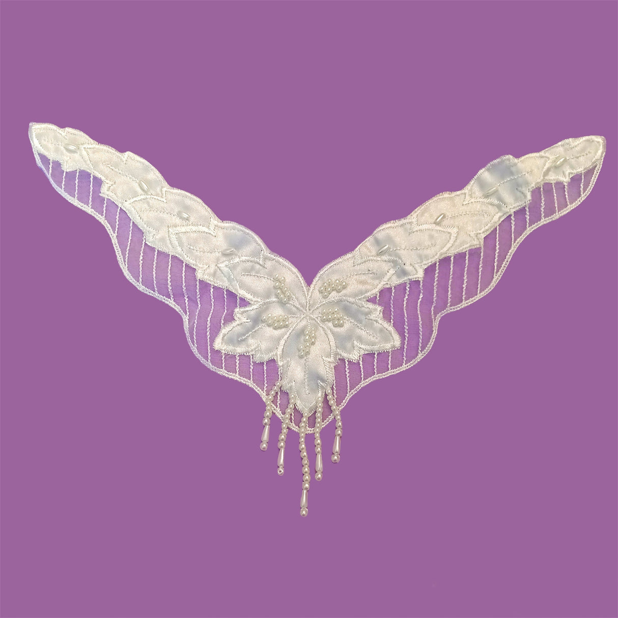 Beaded Lace Neckline Applique Embroidered on Satin 11" x 2.75"