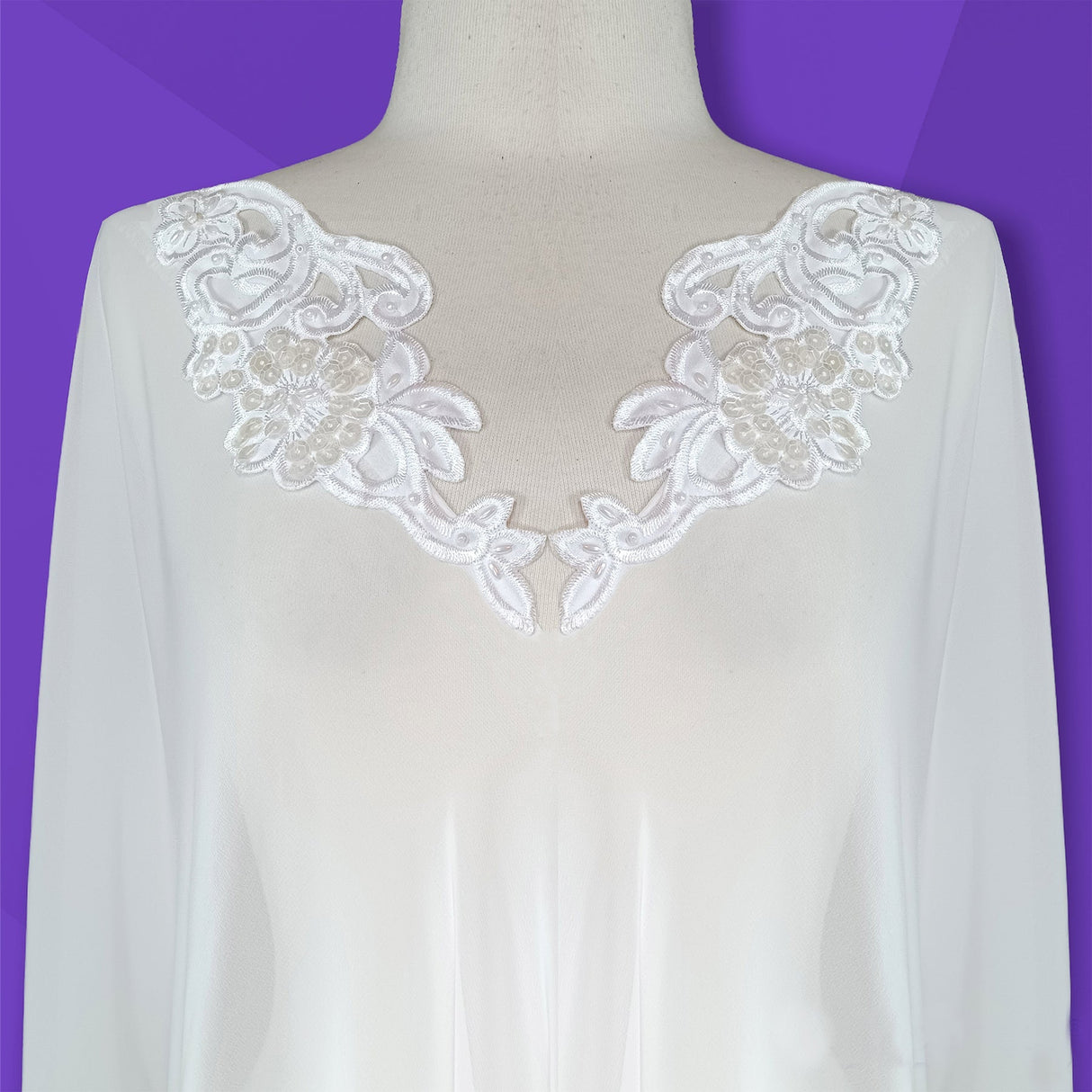 1 Pair Beaded Lace Applique Embroidered on 100% Polyester Satin 9.25" x 3.75" Each Side