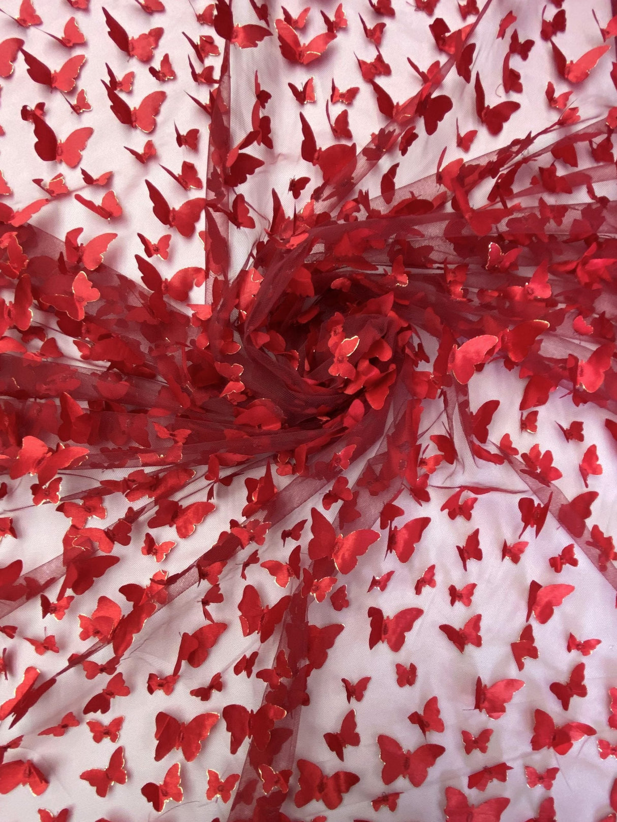 1 Yard Apple Red 3D Butterfly Mesh Fabric with Satin Appliqué 54 Inch Wide