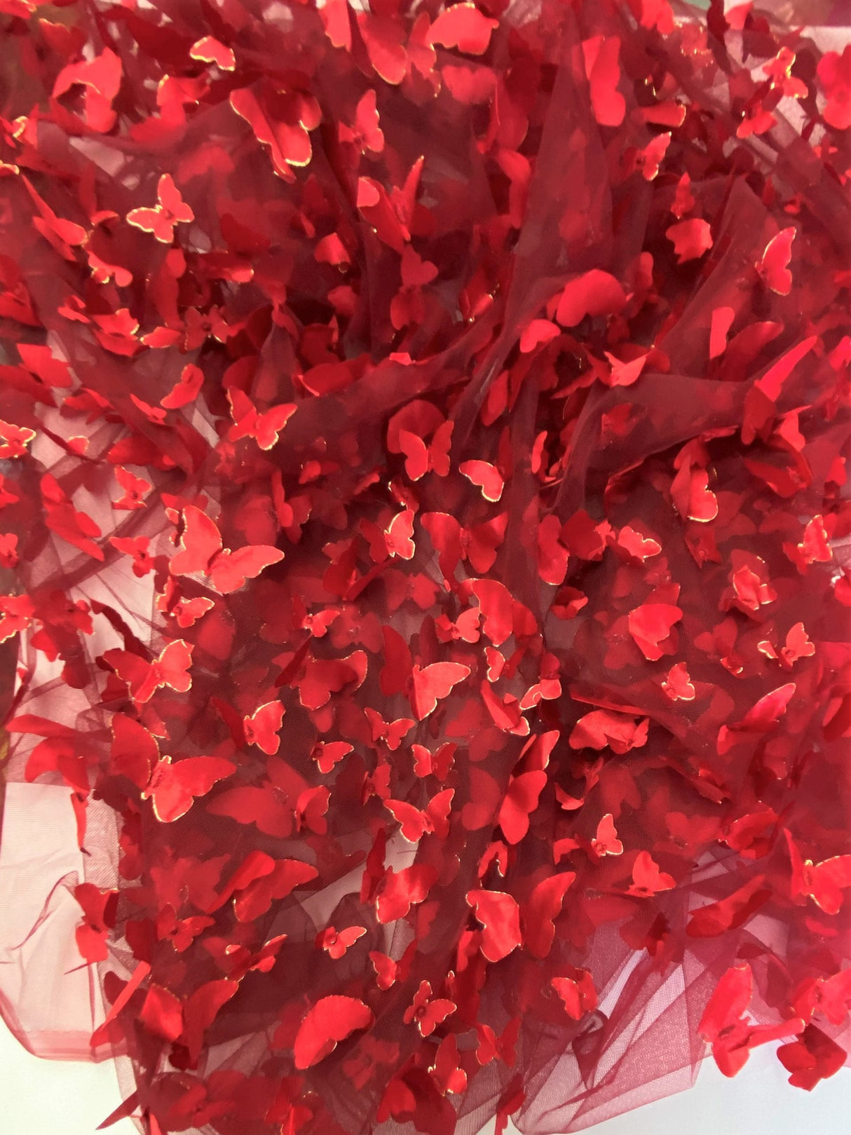 1 Yard Apple Red 3D Butterfly Mesh Fabric with Satin Appliqué 54 Inch Wide