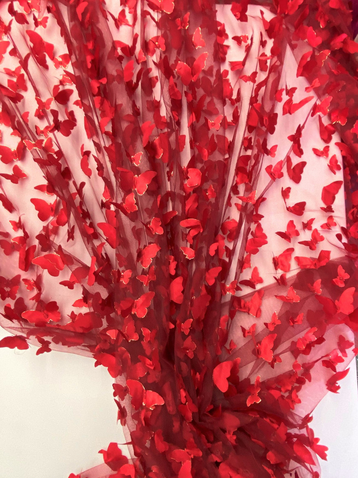 1 Yard Apple Red 3D Butterfly Mesh Fabric with Satin Appliqué 54 Inch Wide