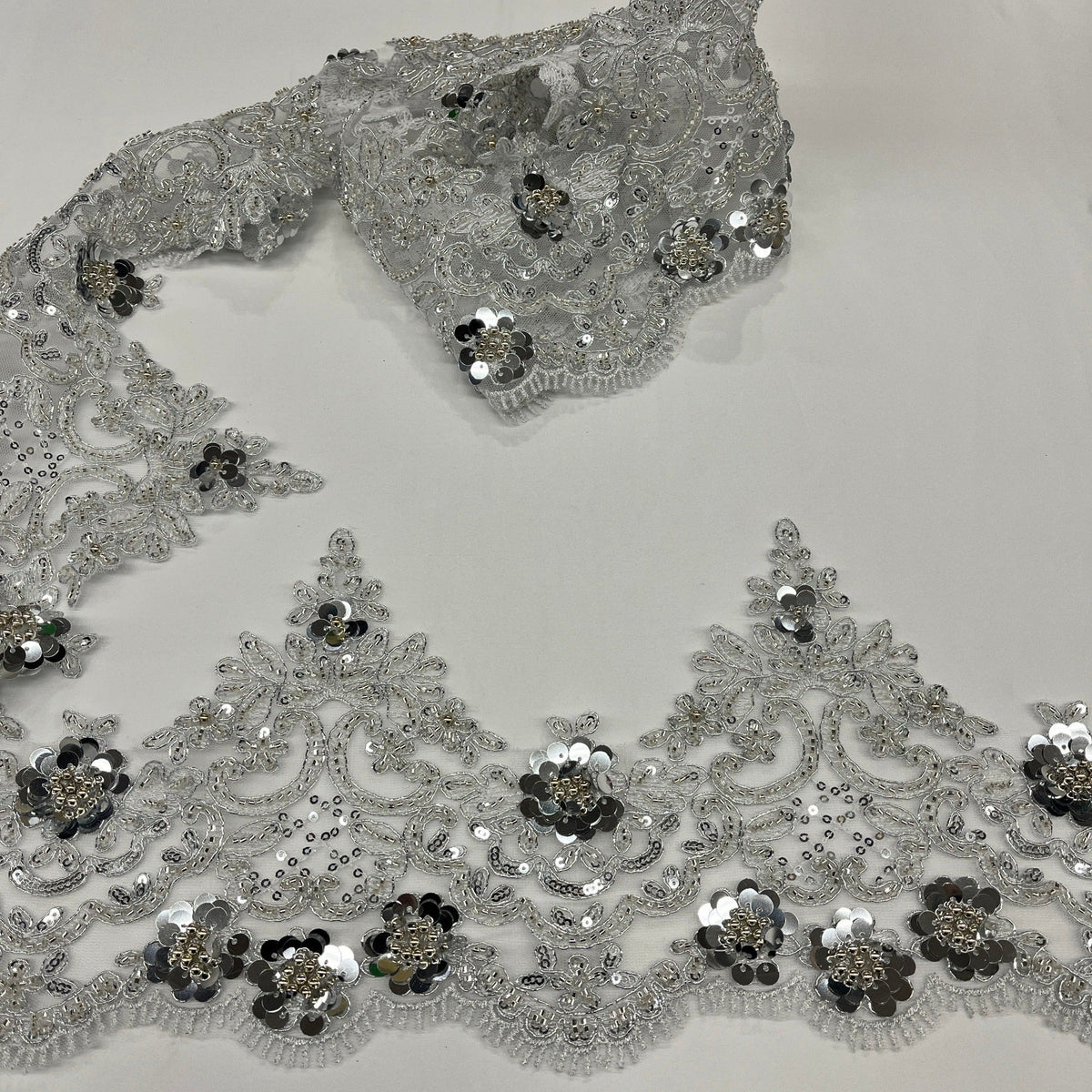 1 Yard Elegant Beaded Corded Floral Lace Trim on Sheer Polyester Mesh, Embroidered Fabric, Style 97224W-HB