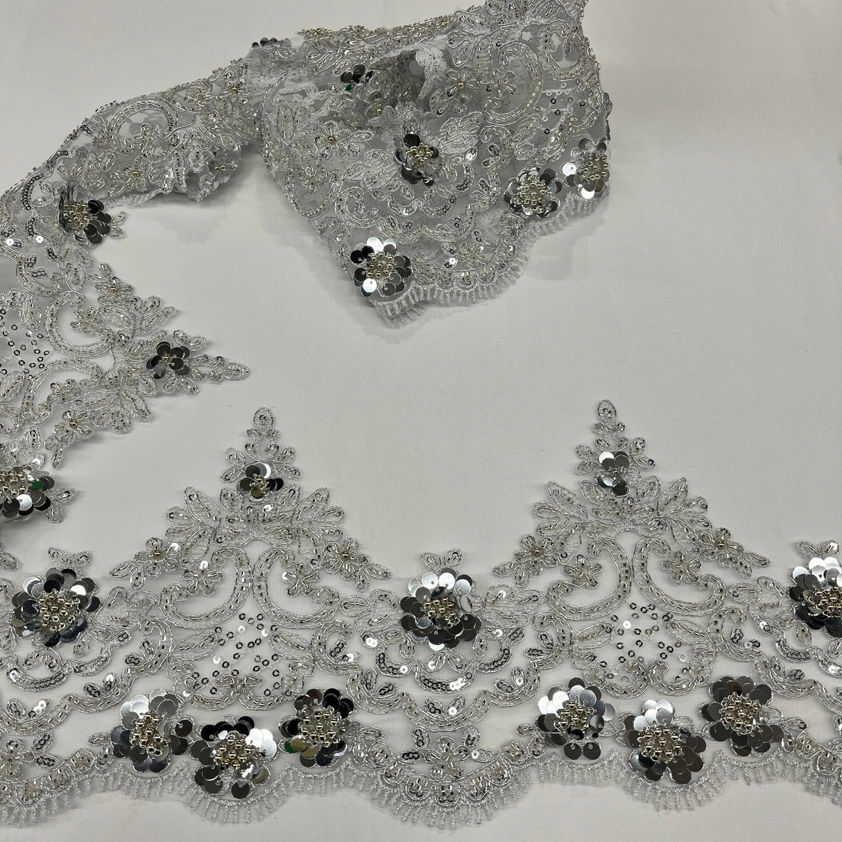 1 Yard Embroidered on 100% Polyester Net Mesh 7" Wide Beaded & Corded Floral Lace Trimming