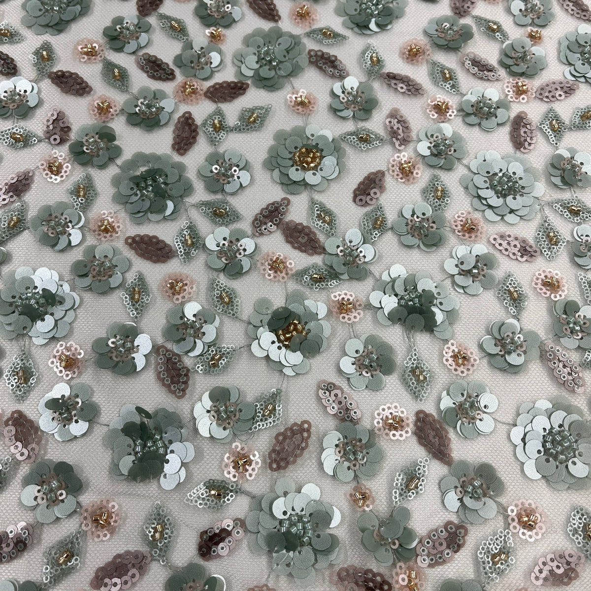 1 Yard Elegant Beaded & Corded Bridal Lace Fabric on 100% Polyester Mesh, Embroidered Floral Design