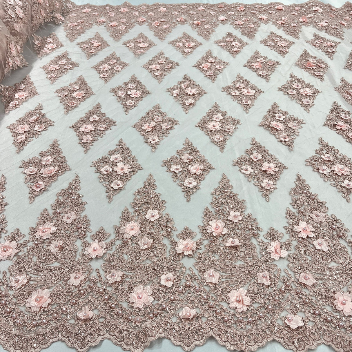 1 Yard Wine Beaded 3D Floral Lace Fabric Embroidered Polyester Net Mesh 51 Inch Width