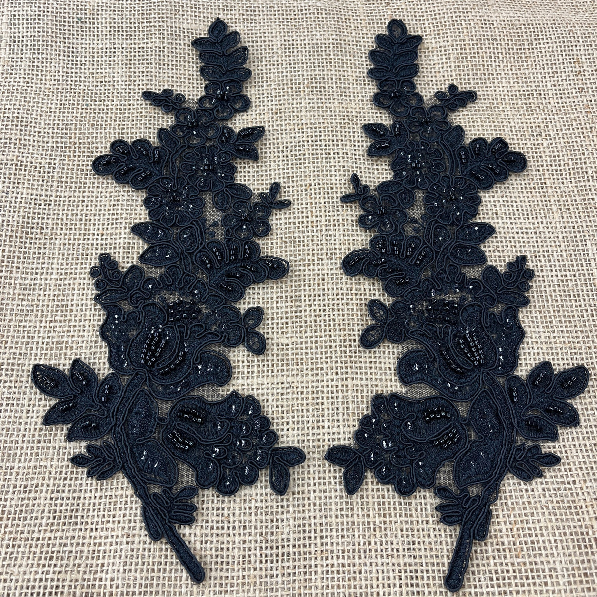 1 Pair 12" x 3.5" Beaded & Corded Floral Lace Applique 100% Polyester Net Mesh