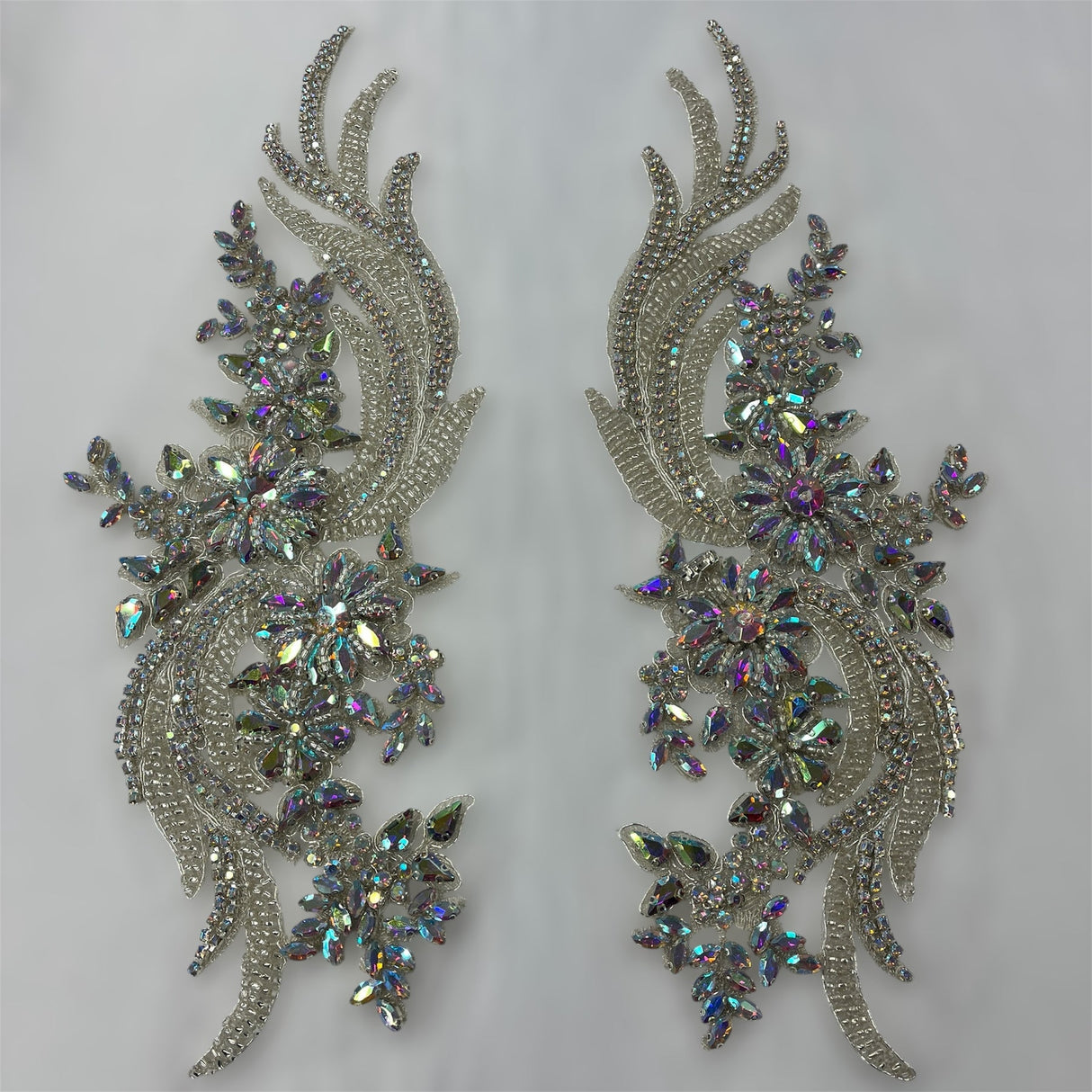 1 Pair 14" x 4" Each Side Crystal Rhinestone Beaded & Corded Lace 100% Polyester