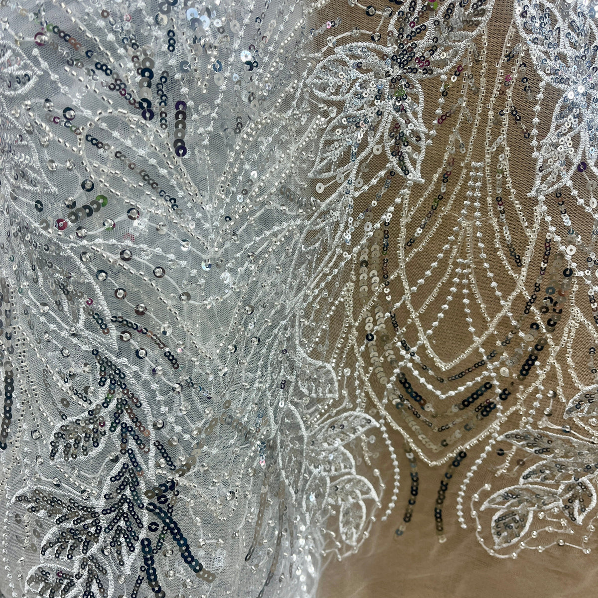 1 Yard Beaded & Sequined Lace Fabric Embroidered on 100% Polyester Net Mesh 52" Wide