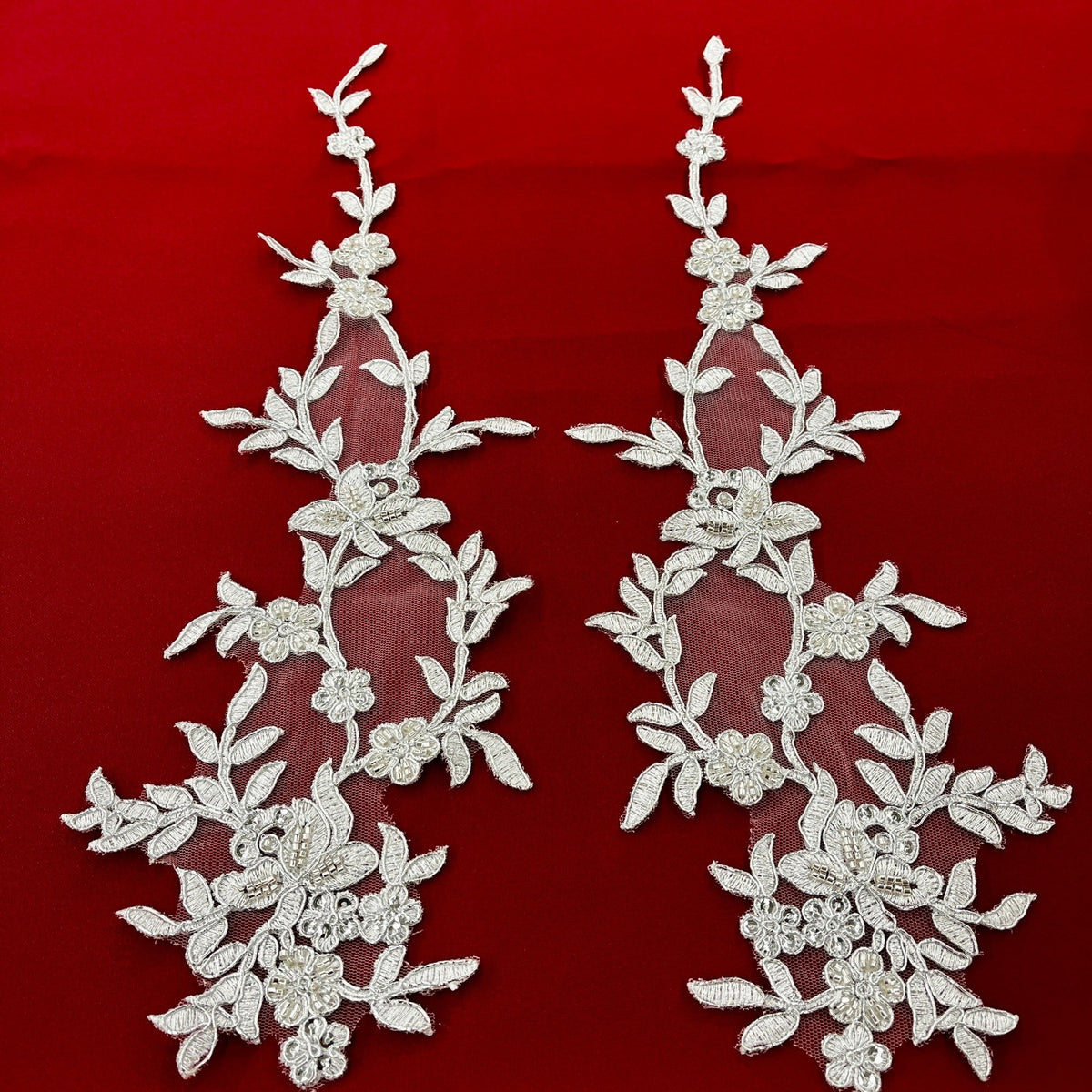 1 Yard Beaded and Corded Floral Lace Applique Net Mesh 17" x 4.5" Each Side