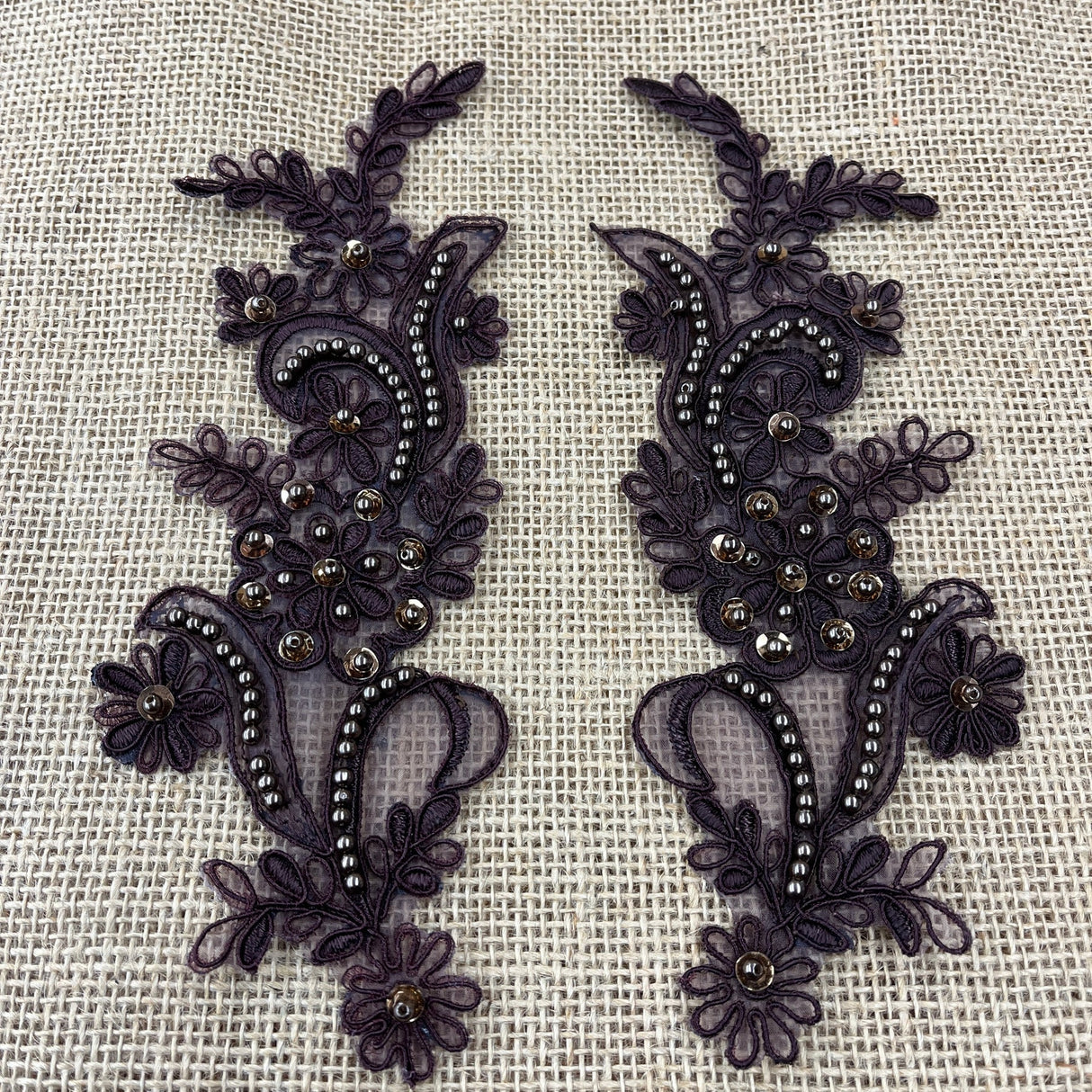 1 Pair Beaded & Corded Floral Lace Applique 9" x 2.5" Each Side