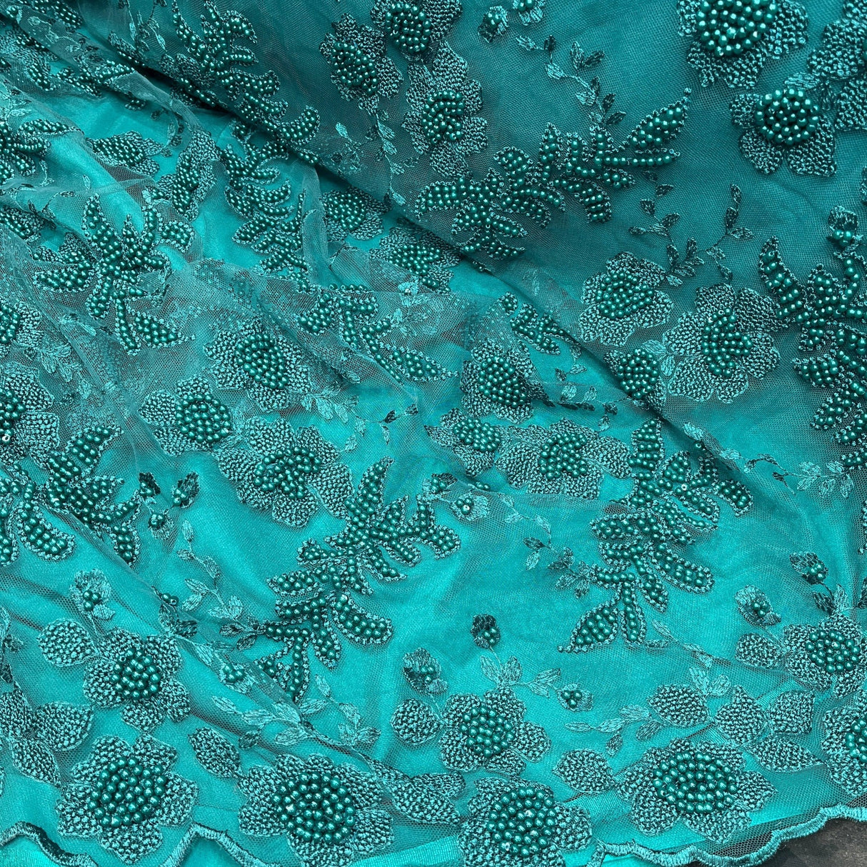1 Yard Jade Beaded Lace Fabric with Pearls Embroidered on Polyester Net Mesh 52" Width