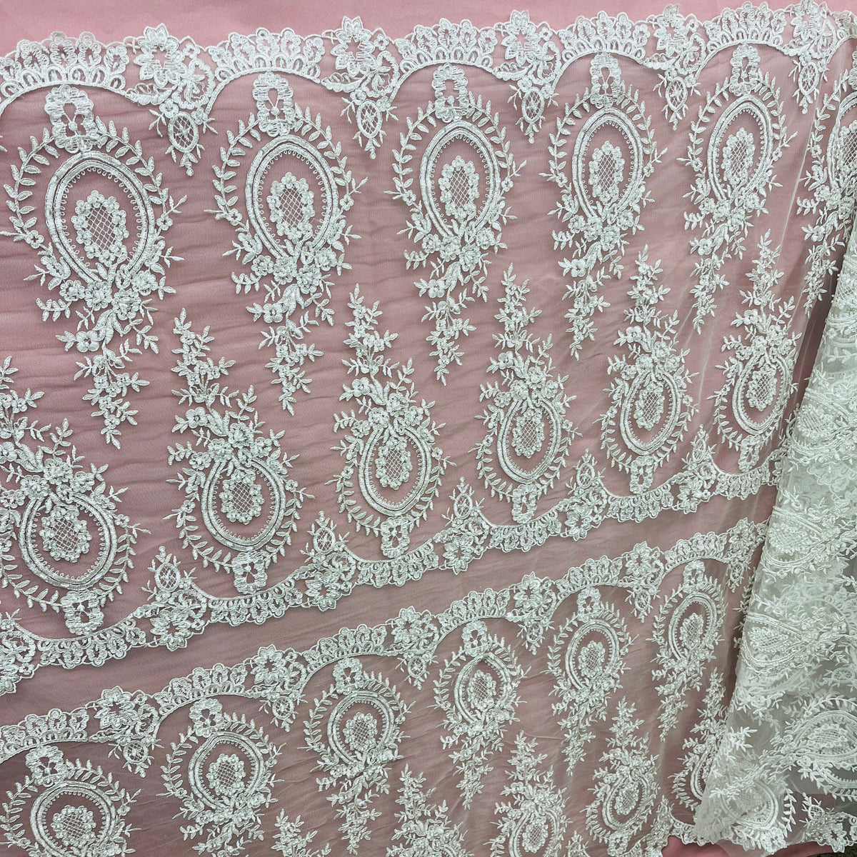 1 Yard 48" Wide Beaded & Corded Lace Fabric Embroidered on 100% Polyester Net Mesh