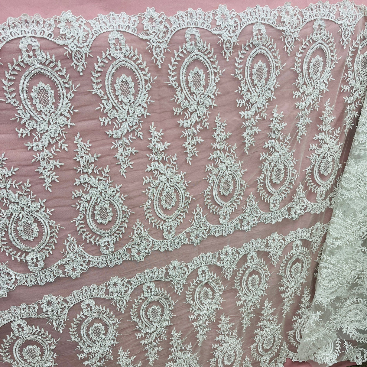 1 Yard White Beaded & Corded Embroidered Lace Fabric, Polyester Mesh, 48" Wide, Elegant Fabrication for Gowns & Décor
