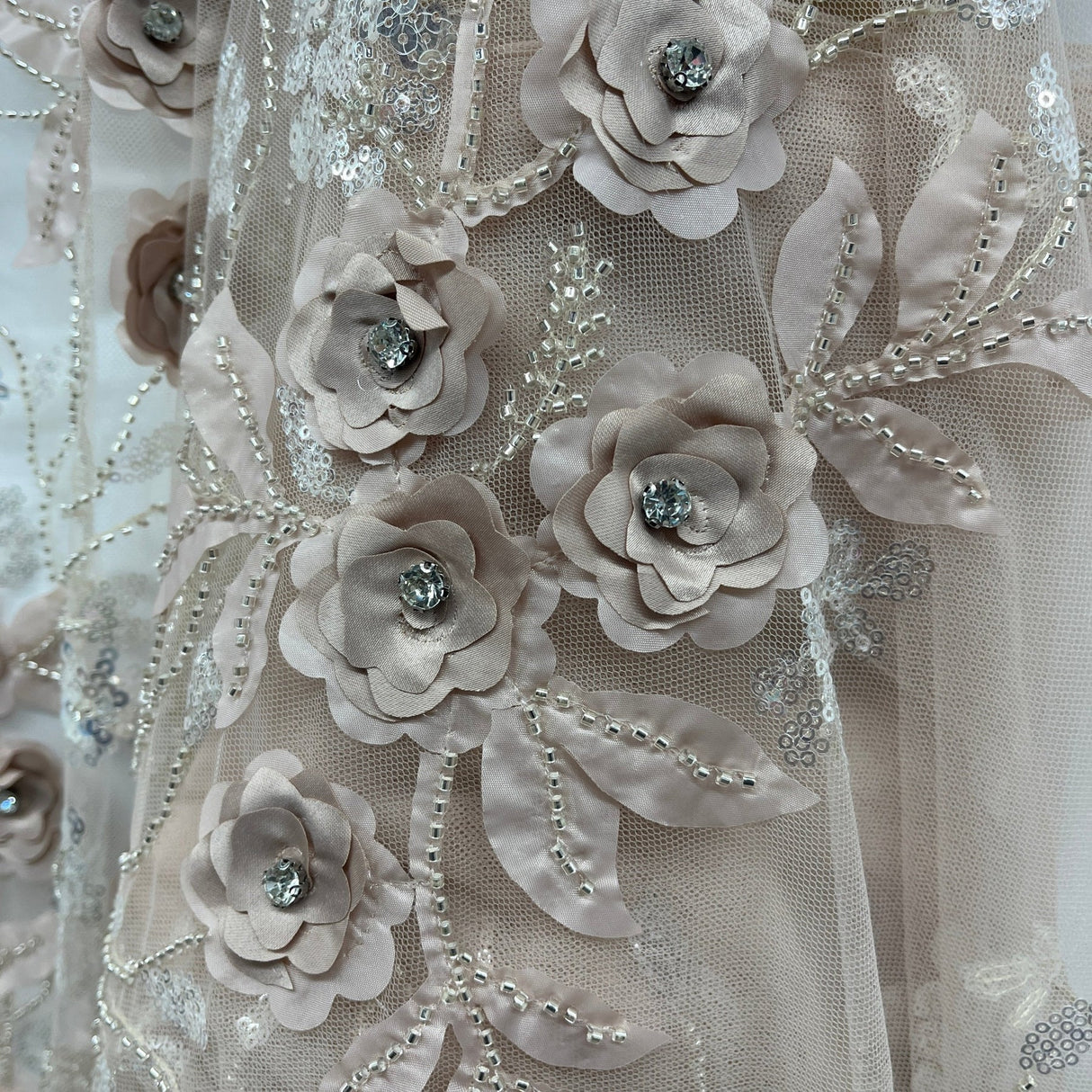 1 Yard Exquisite Off White Beaded 3D Floral Lace Fabric on Net Mesh 52 inch Width