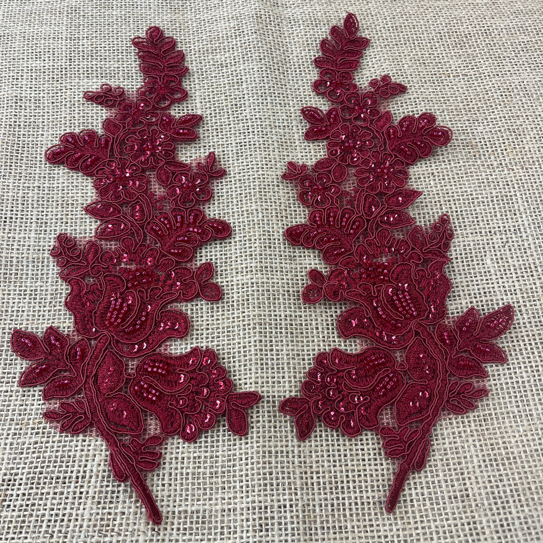 1 Pair 12" x 3.5" Beaded & Corded Floral Lace Applique 100% Polyester Net Mesh