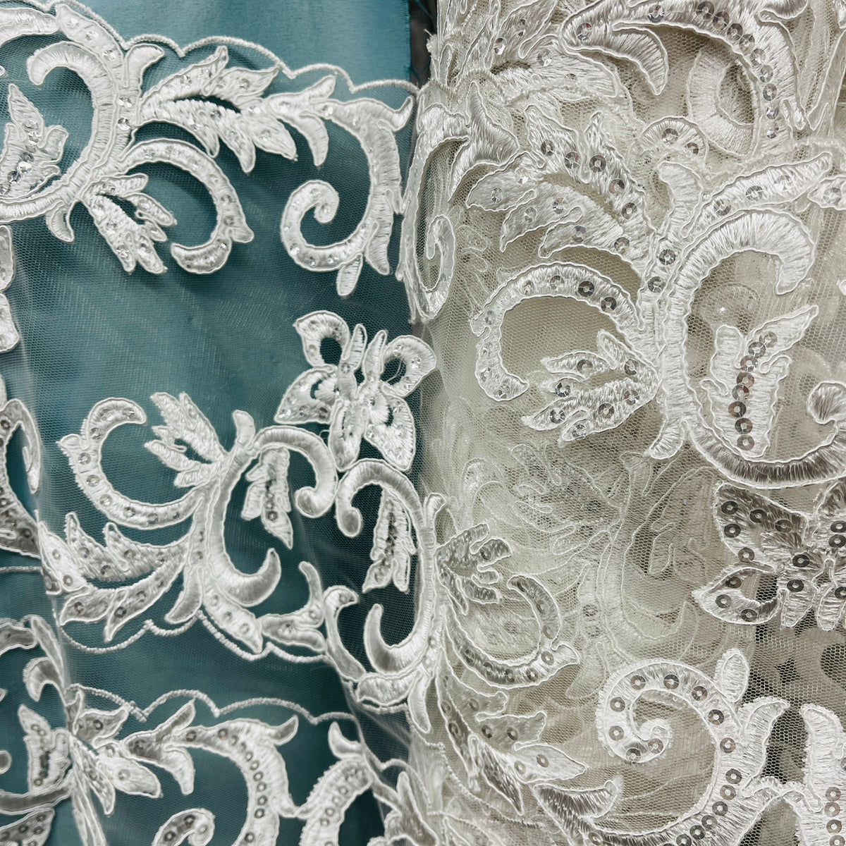 1 Yard Elegant Beaded & Corded Embroidered Lace Fabric on 100% Polyester Net Mesh