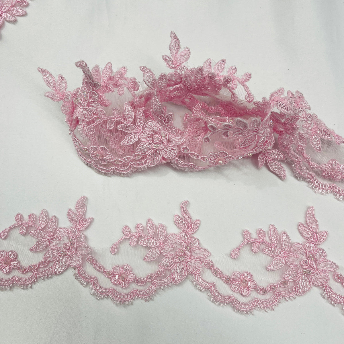 1 Yard Elegant Beaded & Corded Embroidered Lace Trim 100% Polyester Net Mesh, Style 96665W-BP