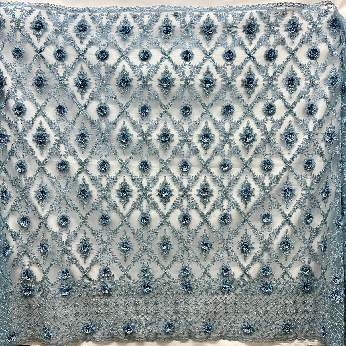 1 Yard Beaded 3D Floral Lace Fabric, Navy Embroidered Mesh, 100% Polyester, 51” Wide,