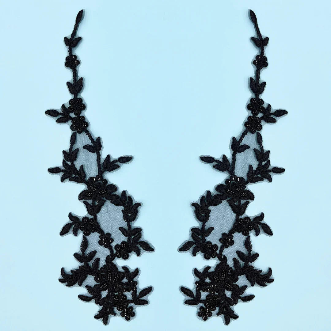 1 Pair 17" x 4.5" Beaded & Corded Floral Lace Applique 100% Polyester Net Mesh