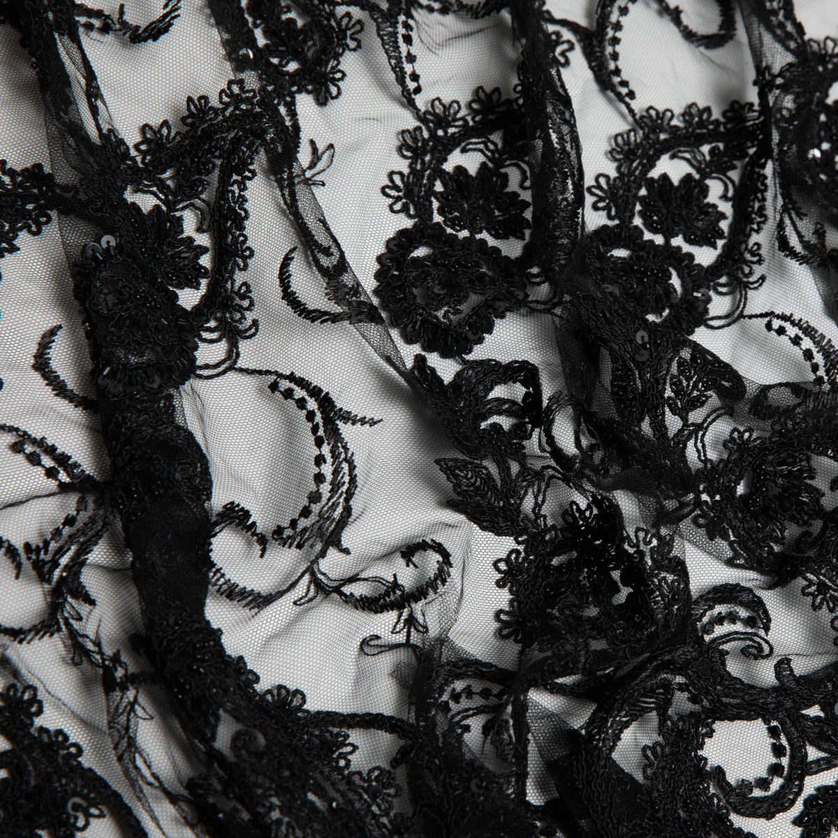 1 Yard Tulle Lace Fabric Embroidered with Sequins and Intricate Floral Pattern, 52" Wide