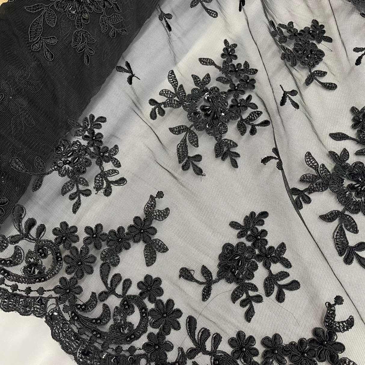 1 Yard Luxurious Beaded and Corded Bridal Lace Fabric Embroidered on Polyester Net Mesh 52 inch Width