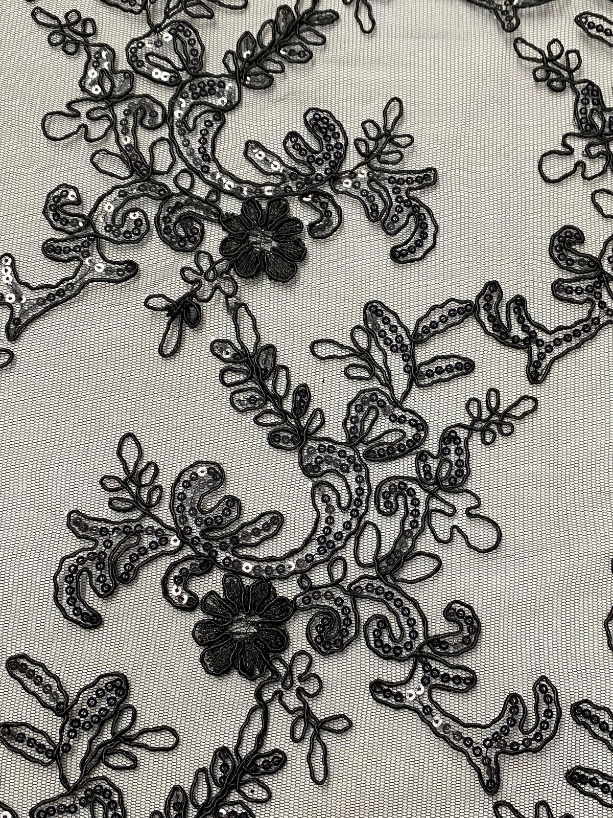 Elena's Lace Black Polyester Lace Fabric - Black Corded Mesh Embroidered With Sequins, Double Scalloped Edge, 54" Width (1 Yard)