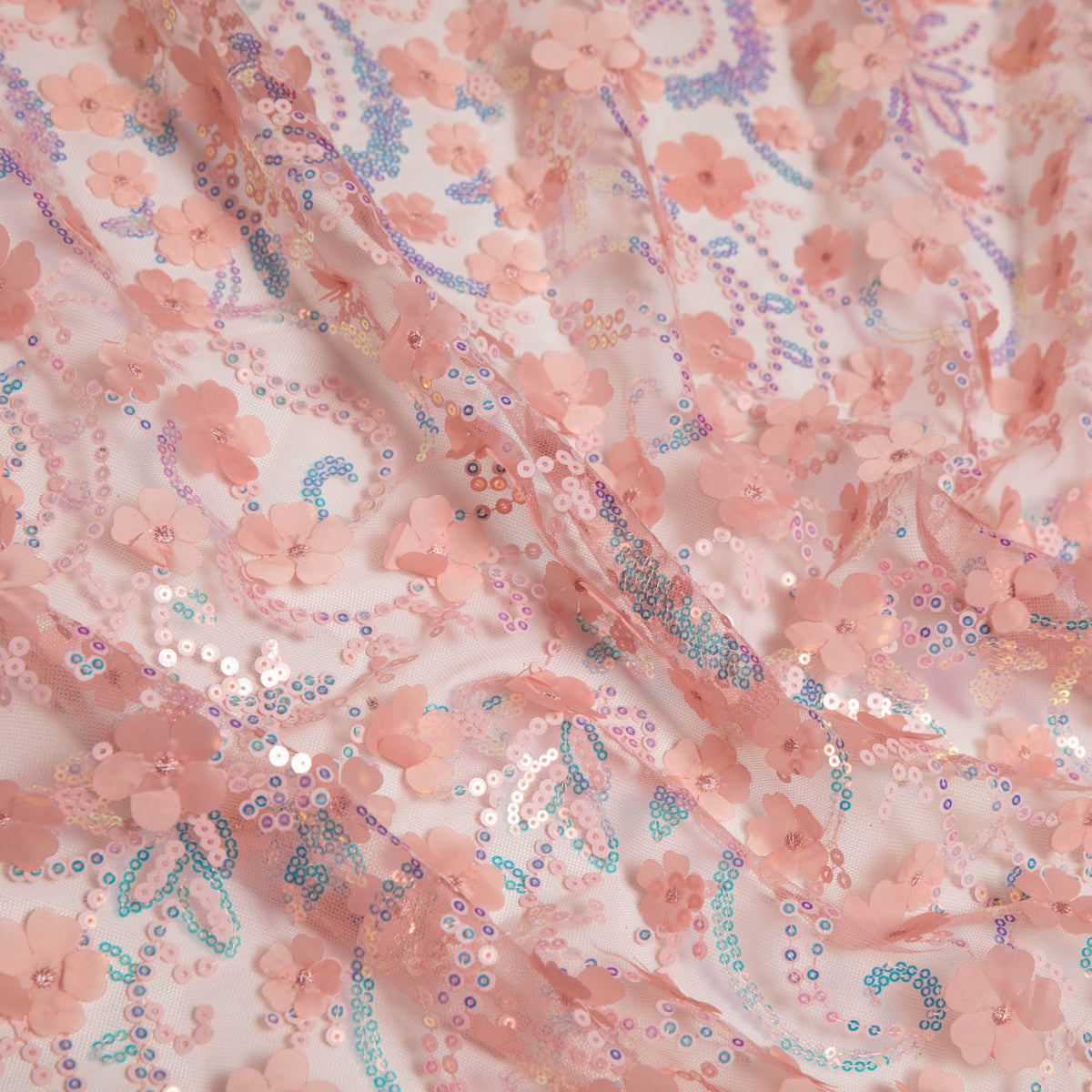 1 Yard Tulle Lace Fabric Embroidered with Applique and Incredible 3D Floral Pattern, 52" Wide