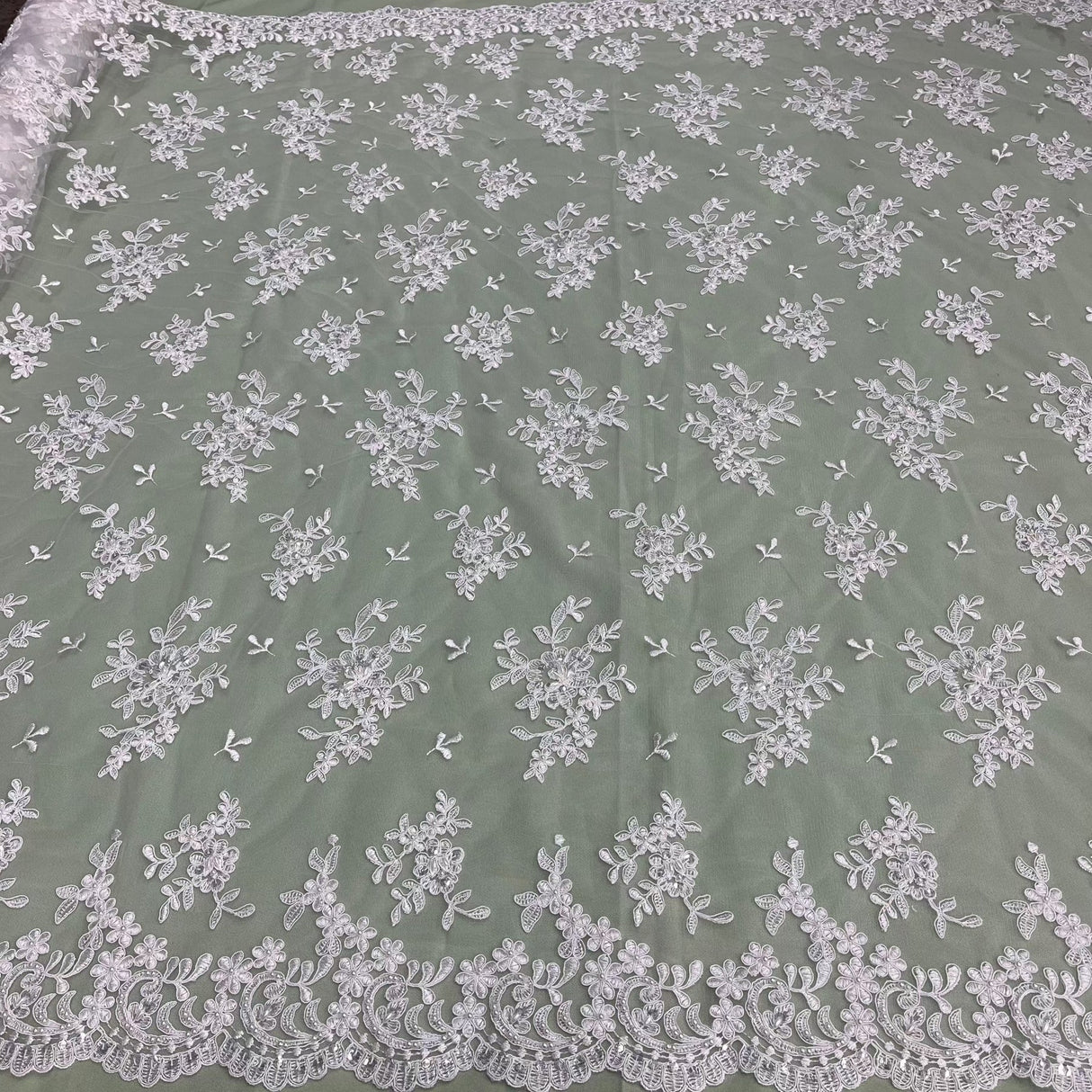 1 Yard Luxurious Beaded and Corded Bridal Lace Fabric Embroidered on Polyester Net Mesh 52 inch Width