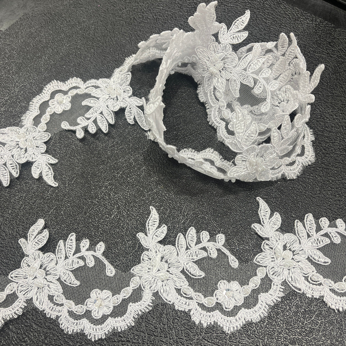 1 Yard Elegant Beaded & Corded Embroidered Lace Trim 100% Polyester Net Mesh, Style 96665W-BP