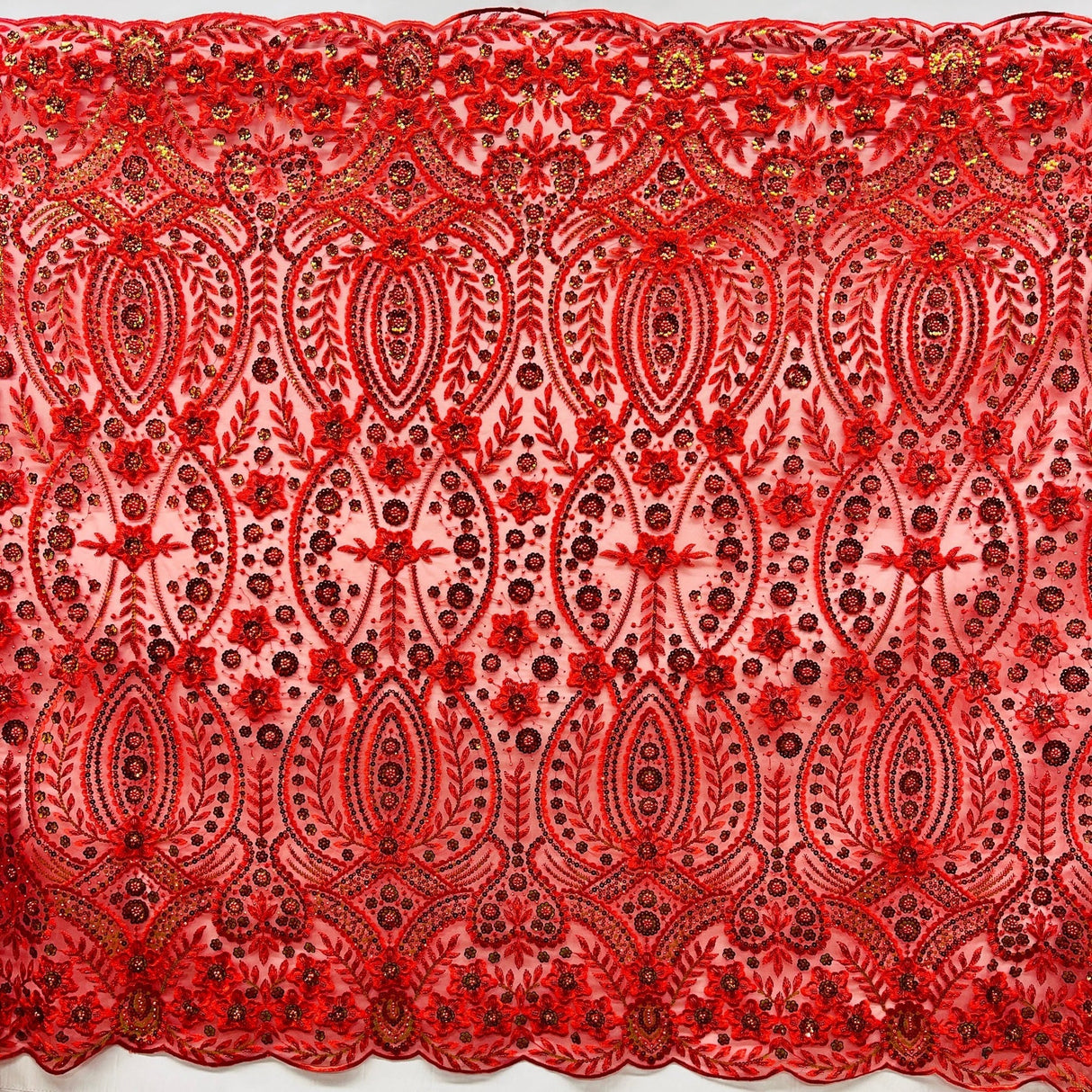 1 Yard Rust Beaded Sequined Floral Sparkling Lace Fabric Embroidered on Polyester Net Mesh 52 inch Width