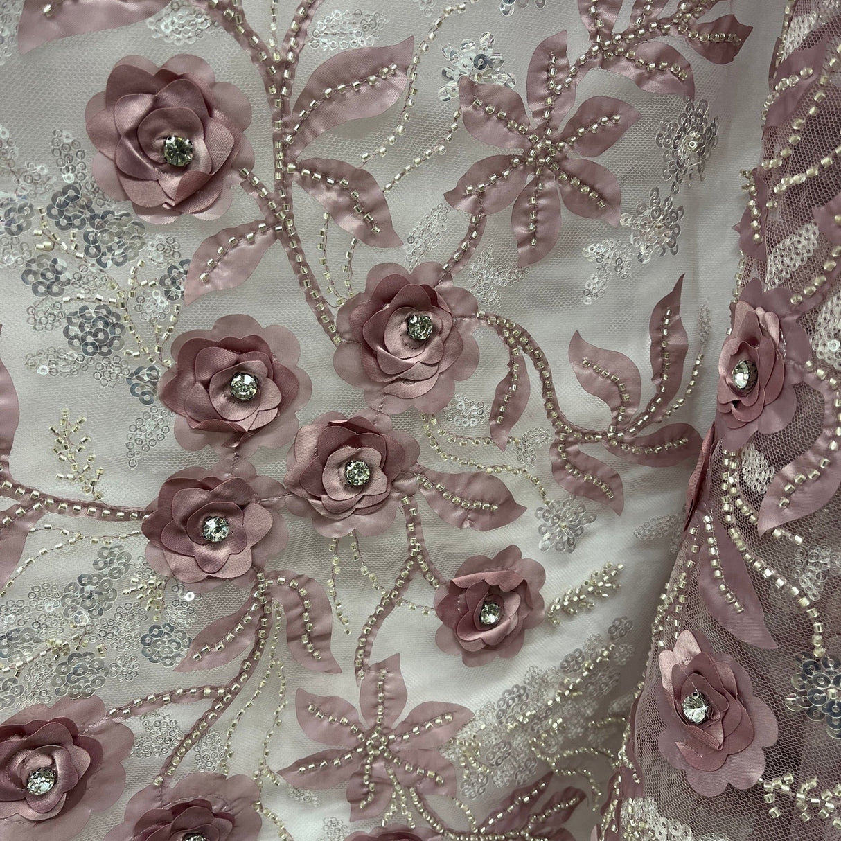 1 Yard Exquisite Off White Beaded 3D Floral Lace Fabric on Net Mesh 52 inch Width