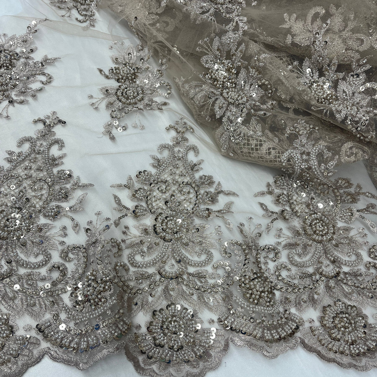 1 Yard Gold Beaded Lace Fabric Embroidered on Polyester Net Mesh 50 inch Width