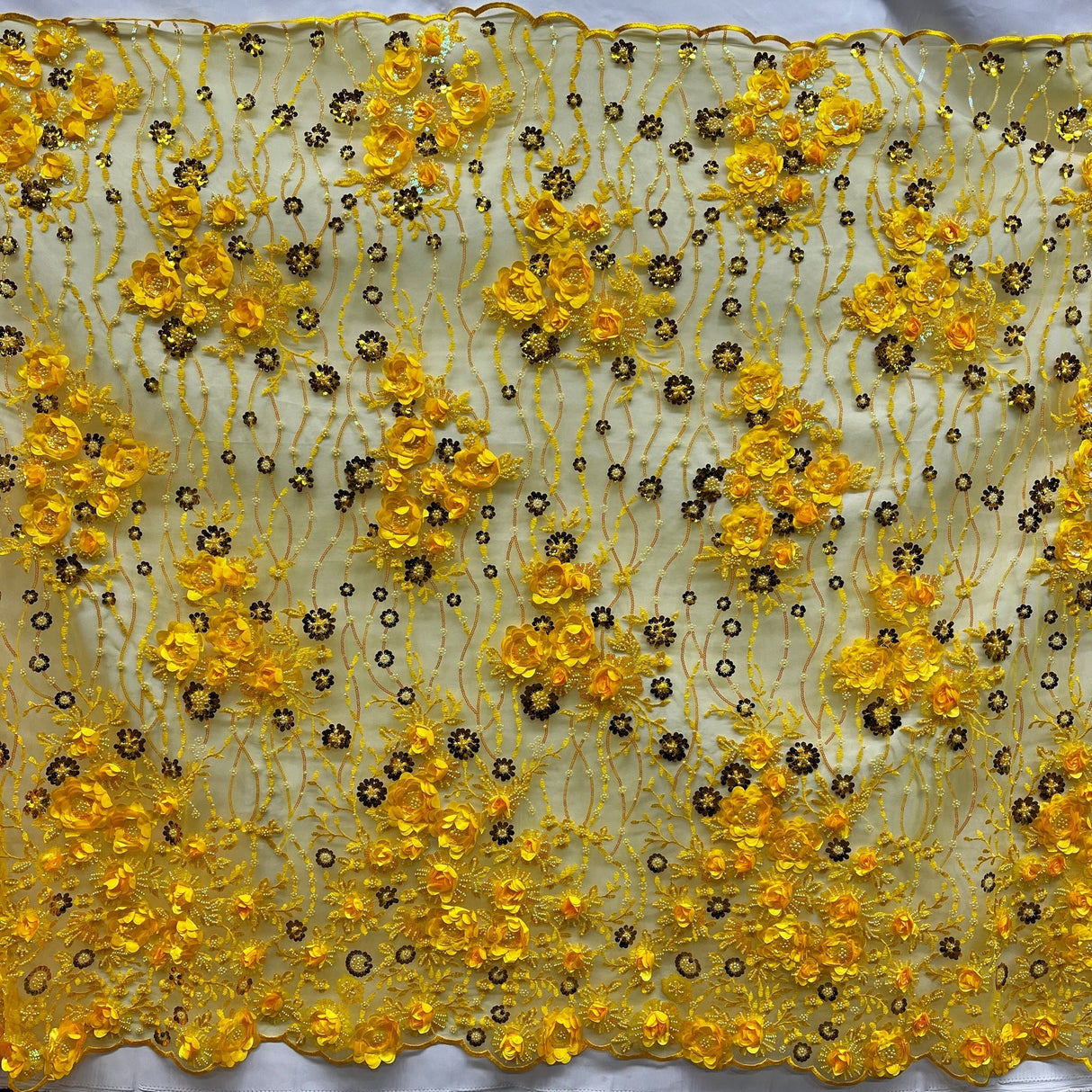 1 Yard Dazzling Yellow Beaded Sequined 3D Floral Lace Fabric on Net Mesh 52 inch Width